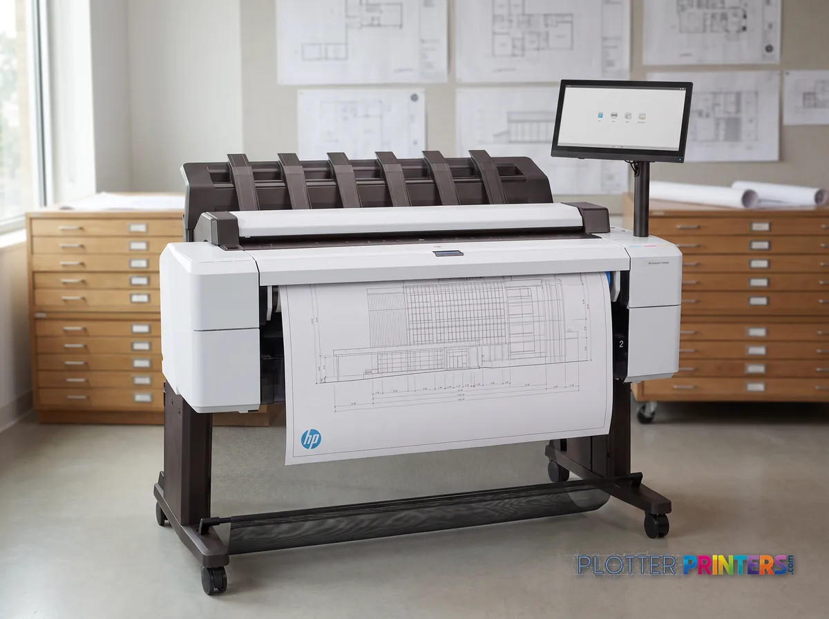 HP DesignJet T2600dr 36-in PostScript MFP — Plus Edition (Build Connected) in a plan room beside flat-file drawers, printing a CAD elevation (staged scene from manufacturer product photography)