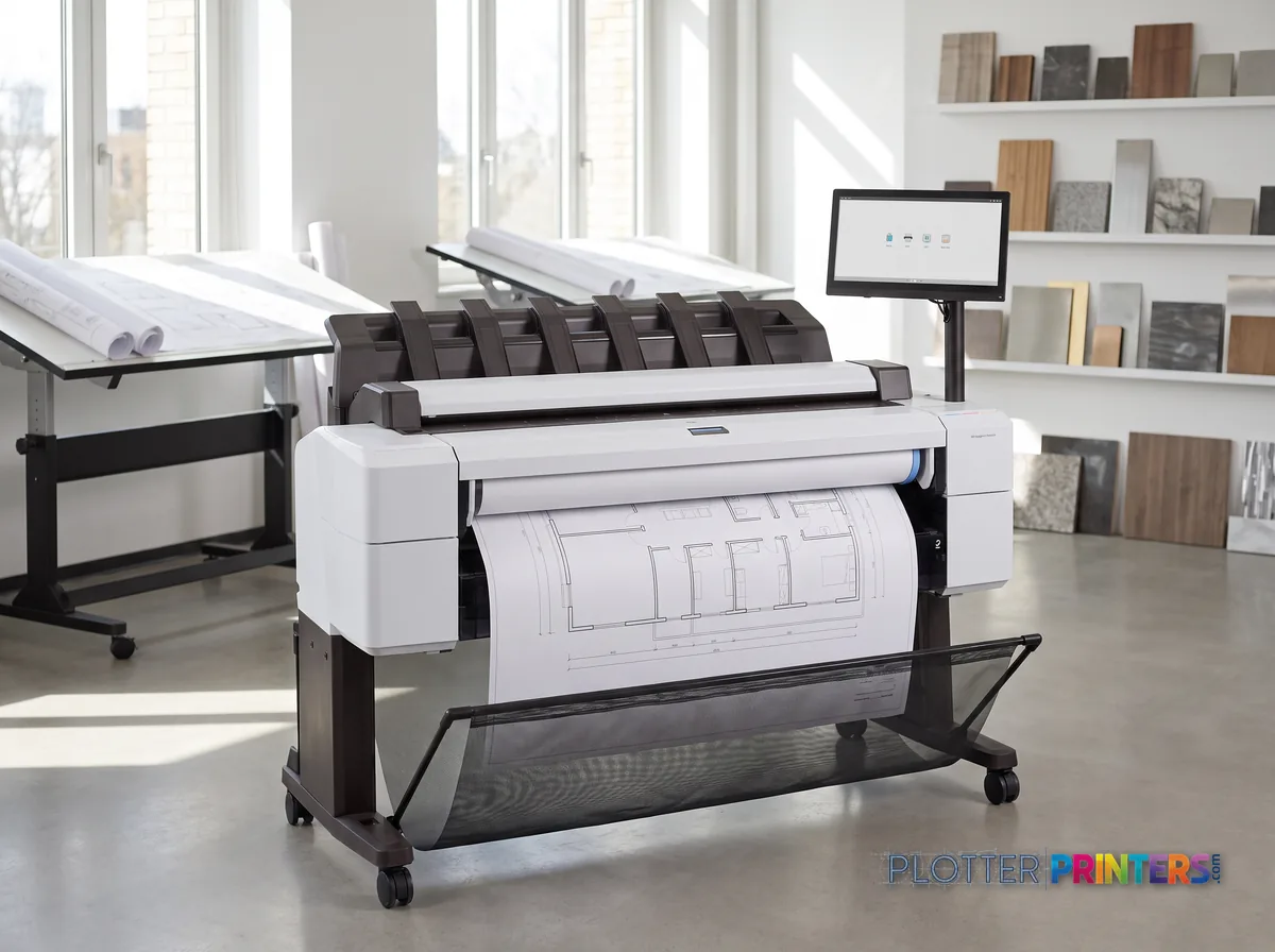 HP DesignJet T2600dr 36-in PostScript MFP — Plus Edition (Build Connected) in a bright architecture studio, printing a large floor plan (staged scene from manufacturer product photography)