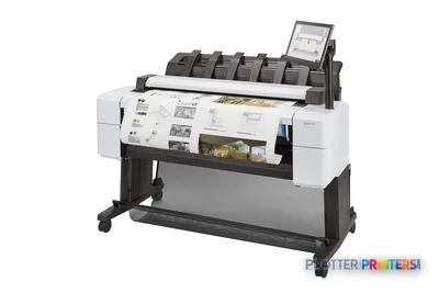HP DesignJet T2600 36-in multifunction printer front-left view with integrated touchscreen and paper roll system