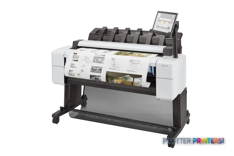 HP DesignJet T2600 36-in multifunction printer front-left view with integrated touchscreen and paper roll system
