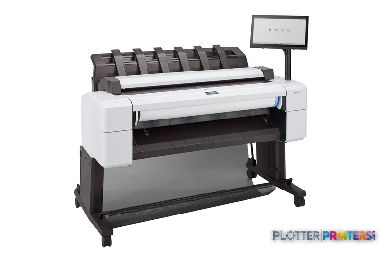 HP DesignJet T2600 36-in PostScript Multifunction Printer front-right view showing white printer body with paper roll feed a…