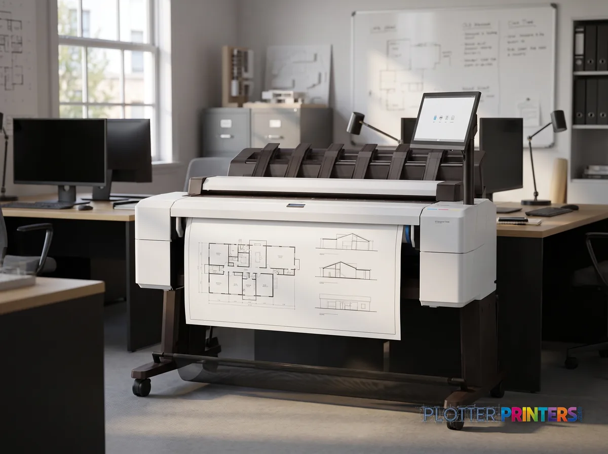 HP DesignJet T2600 36-in PostScript Multifunction Printer (Plus Edition — Build Connected) in an engineering office with a technical drawing at its print slot (staged scene from manufacturer product photography)