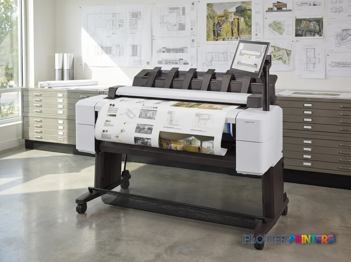 HP DesignJet T2600 36-in PostScript Multifunction Printer (Plus Edition — Build Connected) in a plan room beside flat-file drawers, printing a CAD elevation (staged scene from manufacturer product photography)