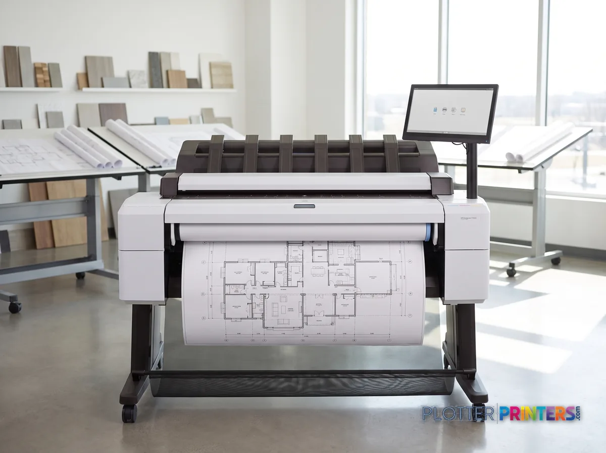 HP DesignJet T2600 36-in PostScript Multifunction Printer (Plus Edition — Build Connected) in a bright architecture studio, printing a large floor plan (staged scene from manufacturer product photography)