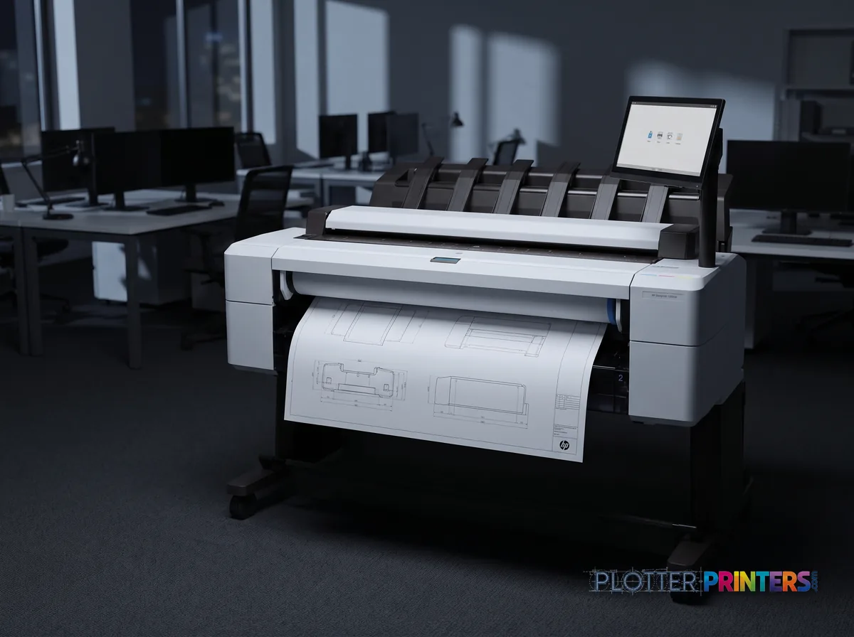 HP DesignJet T2600dr 36-in PostScript Multifunction Printer (Plus Edition) in an engineering office with a technical drawing at its print slot (staged scene from manufacturer product photography)