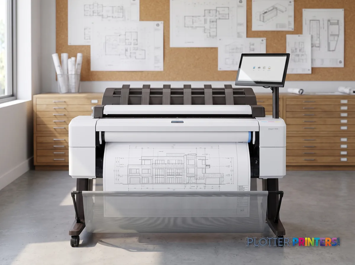 HP DesignJet T2600dr 36-in PostScript Multifunction Printer (Plus Edition) in a plan room beside flat-file drawers, printing a CAD elevation (staged scene from manufacturer product photography)
