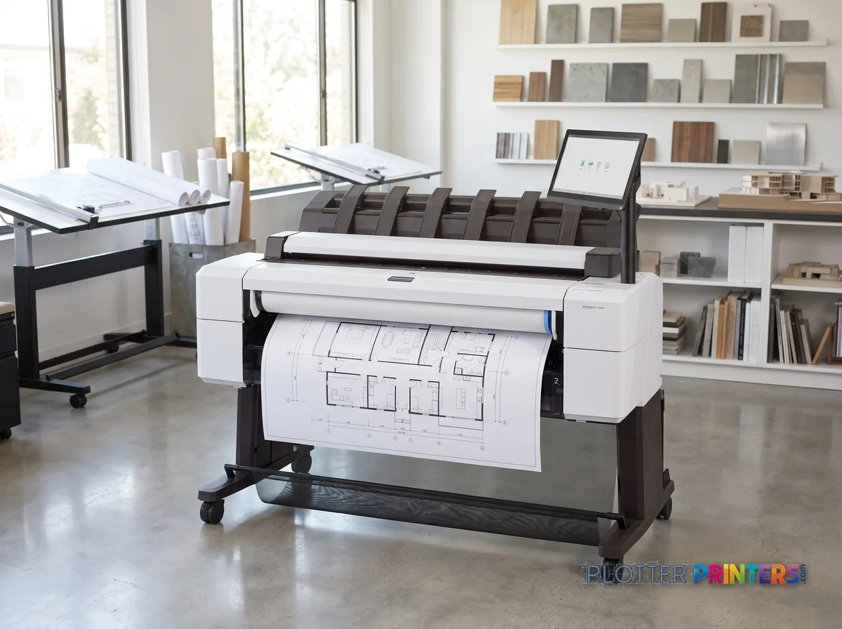 HP DesignJet T2600dr 36-in PostScript Multifunction Printer (Plus Edition) in a bright architecture studio, printing a large floor plan (staged scene from manufacturer product photography)