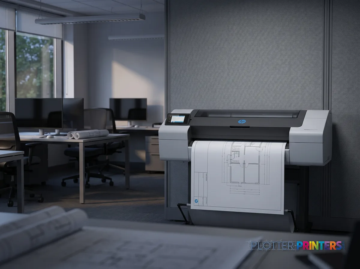 HP DesignJet T1600 36-in PostScript Printer Plus Edition in an engineering office with a technical drawing at its print slot (staged scene from manufacturer product photography)