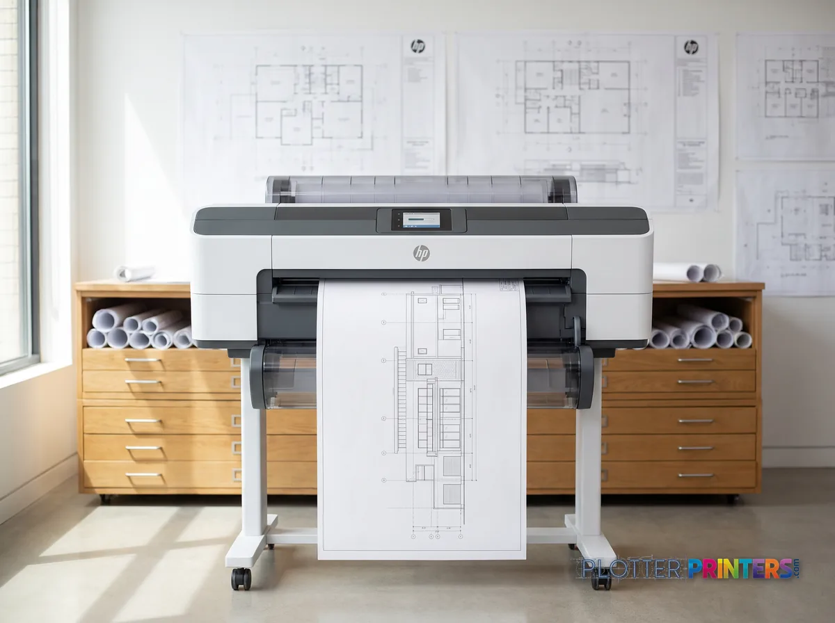 HP DesignJet T1600 36-in PostScript Printer Plus Edition in a plan room beside flat-file drawers, printing a CAD elevation (staged scene from manufacturer product photography)
