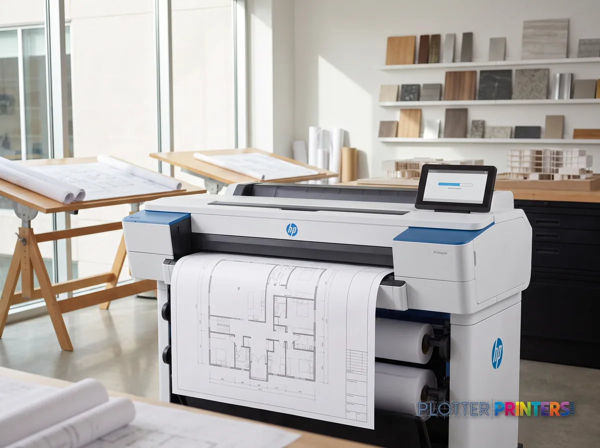 HP DesignJet T1600 36-in PostScript Printer Plus Edition in a bright architecture studio, printing a large floor plan (staged scene from manufacturer product photography)