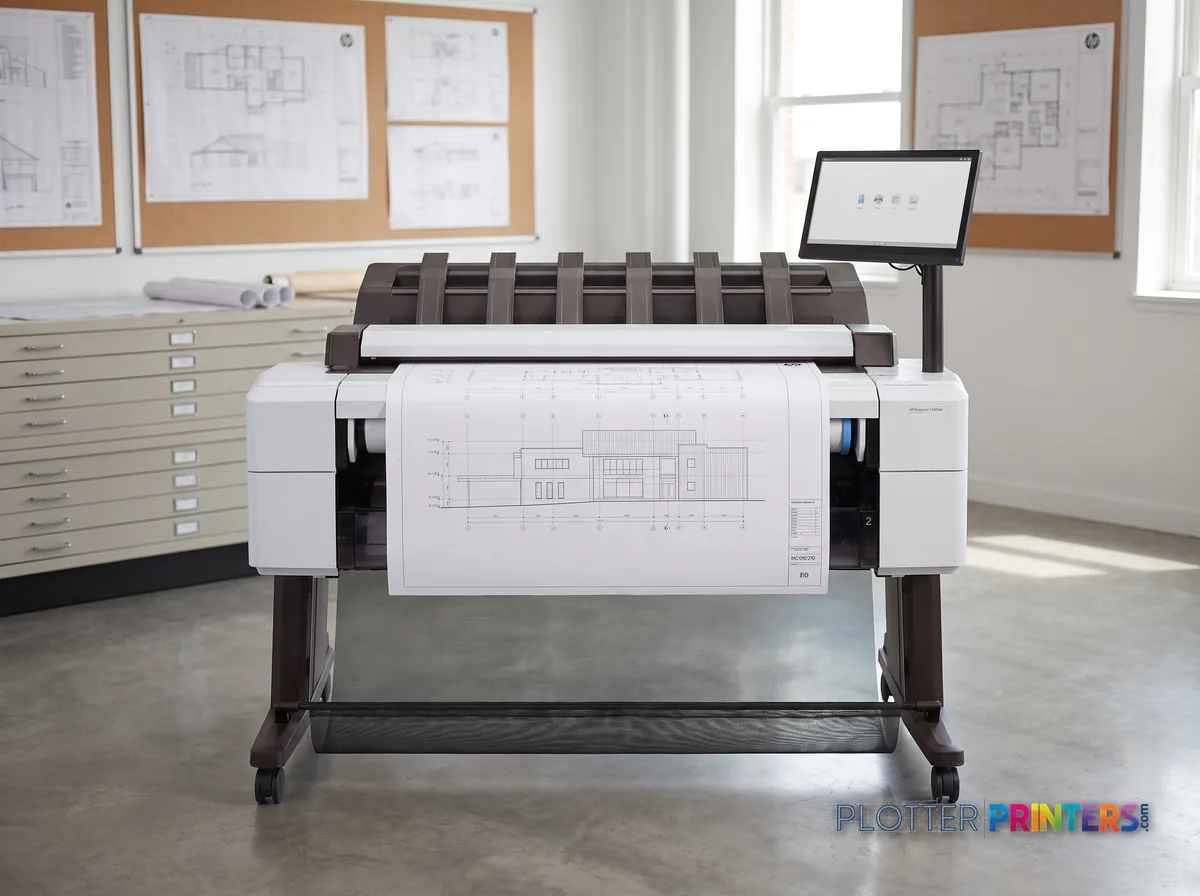 HP DesignJet T2600dr 36-in PostScript MFP — Plus Edition (Build Connected) in a plan room beside flat-file drawers, printing a CAD elevation (staged scene from manufacturer product photography)