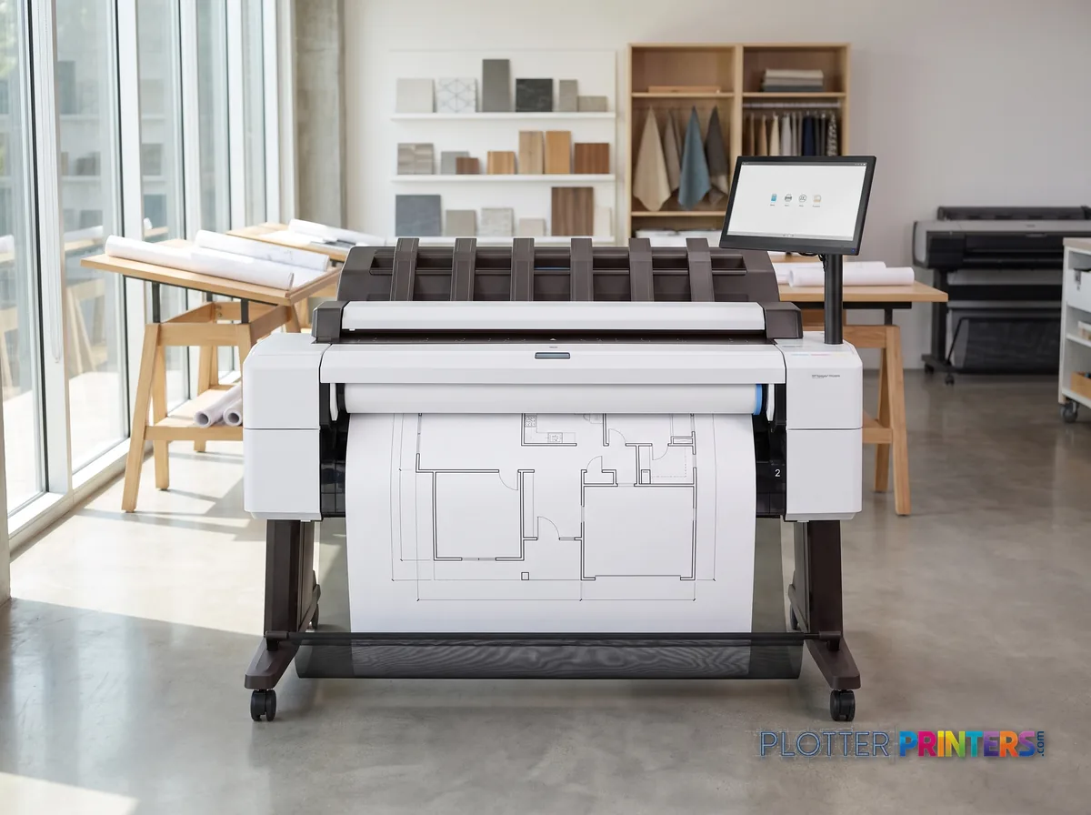 HP DesignJet T2600dr 36-in PostScript MFP — Plus Edition (Build Connected) in a bright architecture studio, printing a large floor plan (staged scene from manufacturer product photography)