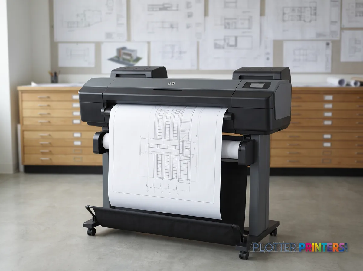 HP DesignJet T1600 36-in Printer, Plus Edition in a plan room beside flat-file drawers, printing a CAD elevation (staged scene from manufacturer product photography)