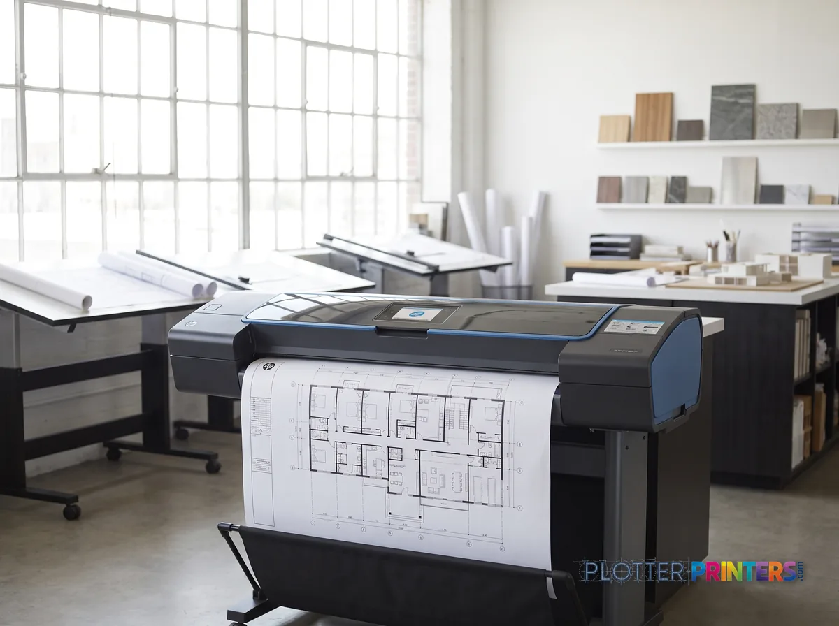 HP DesignJet T1600 36-in Printer, Plus Edition in a bright architecture studio, printing a large floor plan (staged scene from manufacturer product photography)