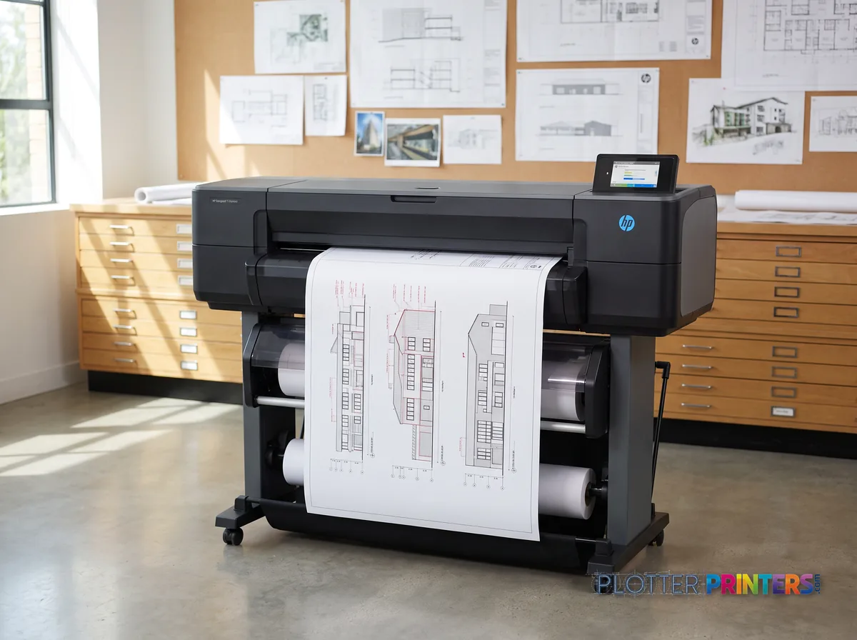HP DesignJet T1600 36-in PostScript Printer, Plus Edition in a plan room beside flat-file drawers, printing a CAD elevation (staged scene from manufacturer product photography)