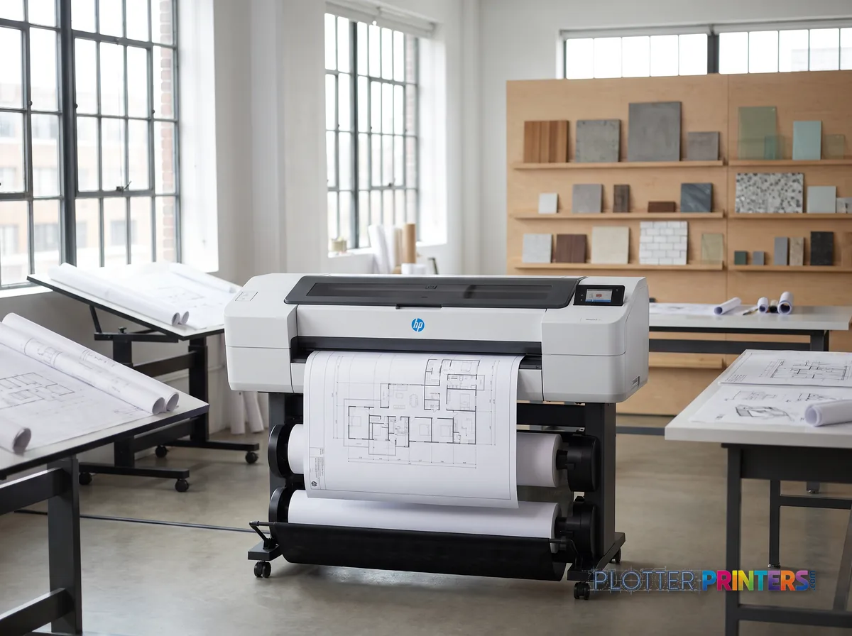 HP DesignJet T1600 36-in PostScript Printer, Plus Edition in a bright architecture studio, printing a large floor plan (staged scene from manufacturer product photography)