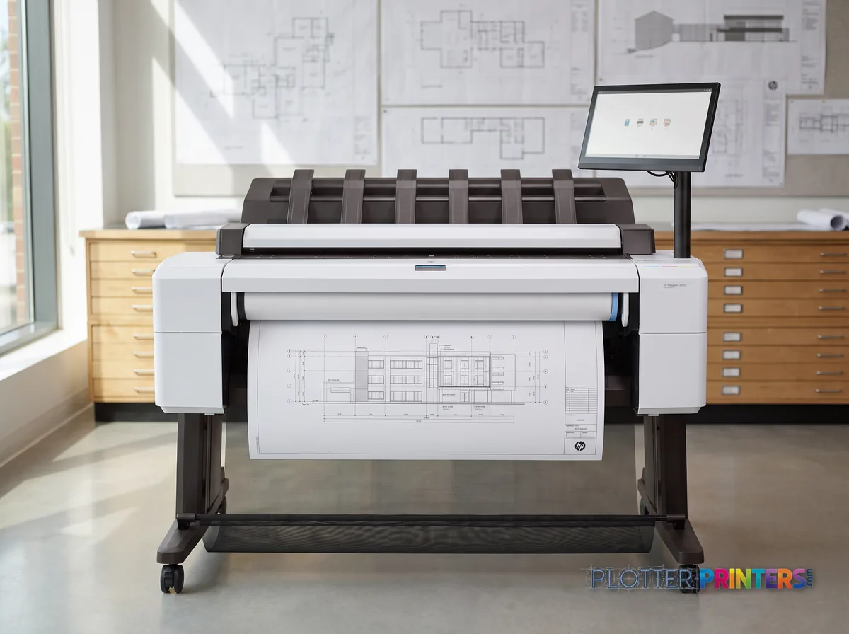 HP DesignJet T2600 36-in PostScript Multifunction Printer (Plus Edition) in a plan room beside flat-file drawers, printing a CAD elevation (staged scene from manufacturer product photography)
