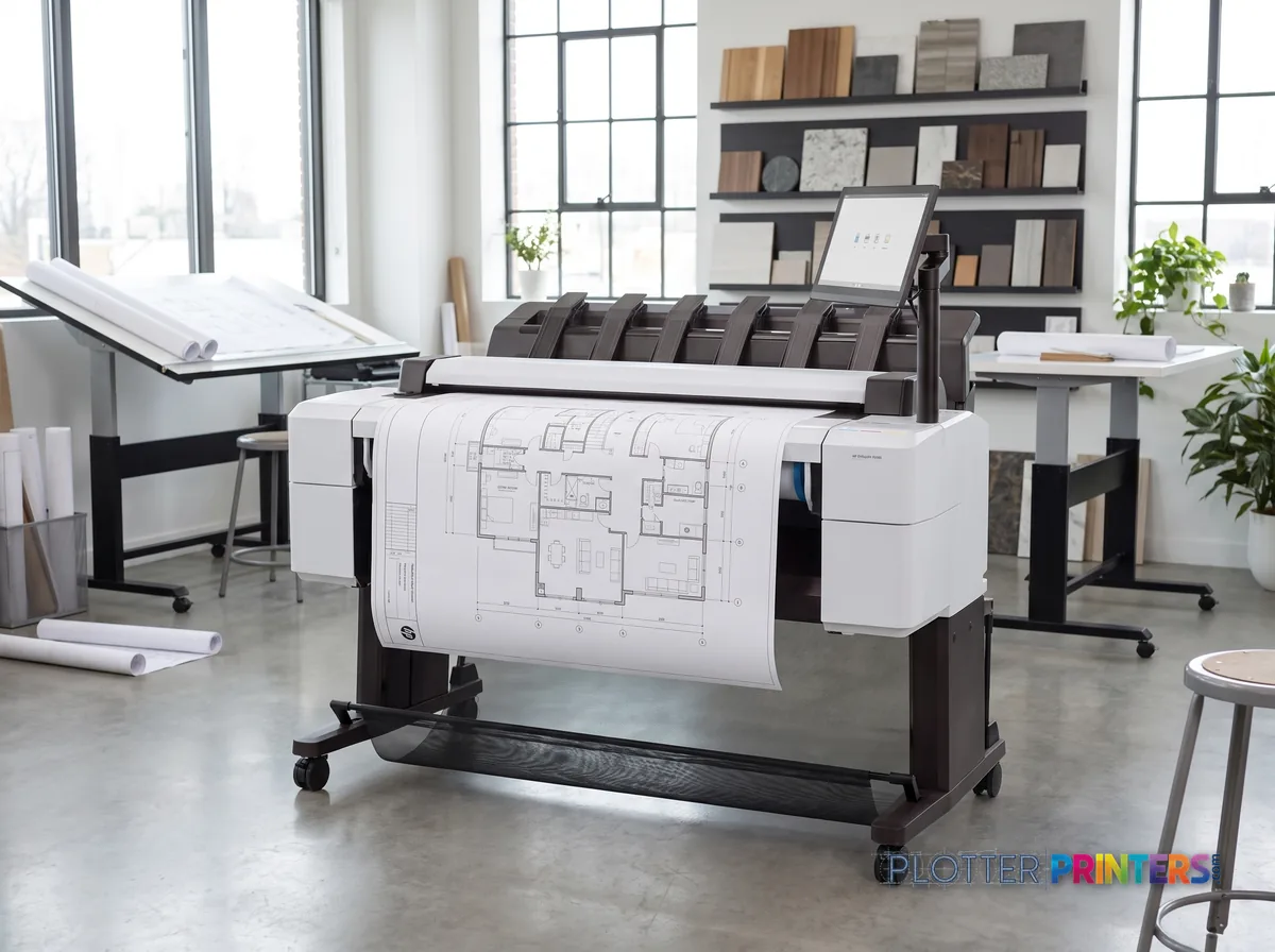 HP DesignJet T2600 36-in PostScript Multifunction Printer (Plus Edition) in a bright architecture studio, printing a large floor plan (staged scene from manufacturer product photography)