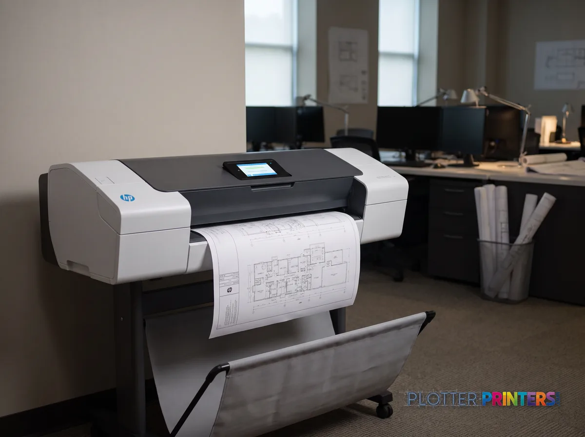 HP DesignJet T1600dr 36-in PostScript Printer, Plus Edition in an engineering office with a technical drawing at its print slot (staged scene from manufacturer product photography)
