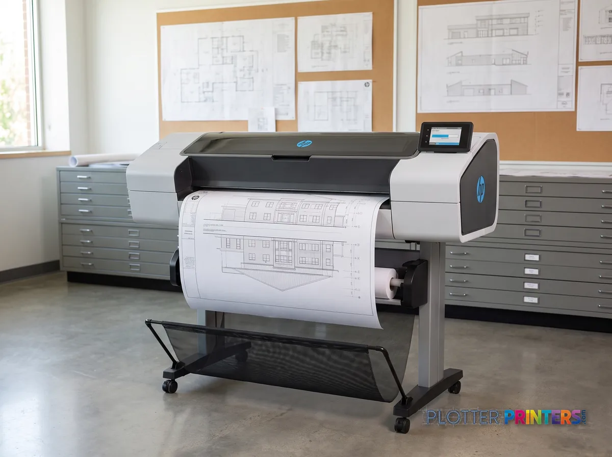 HP DesignJet T1600dr 36-in PostScript Printer, Plus Edition in a plan room beside flat-file drawers, printing a CAD elevation (staged scene from manufacturer product photography)