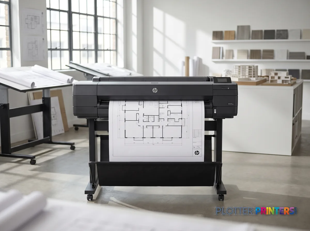 HP DesignJet T1600dr 36-in PostScript Printer, Plus Edition in a bright architecture studio, printing a large floor plan (staged scene from manufacturer product photography)