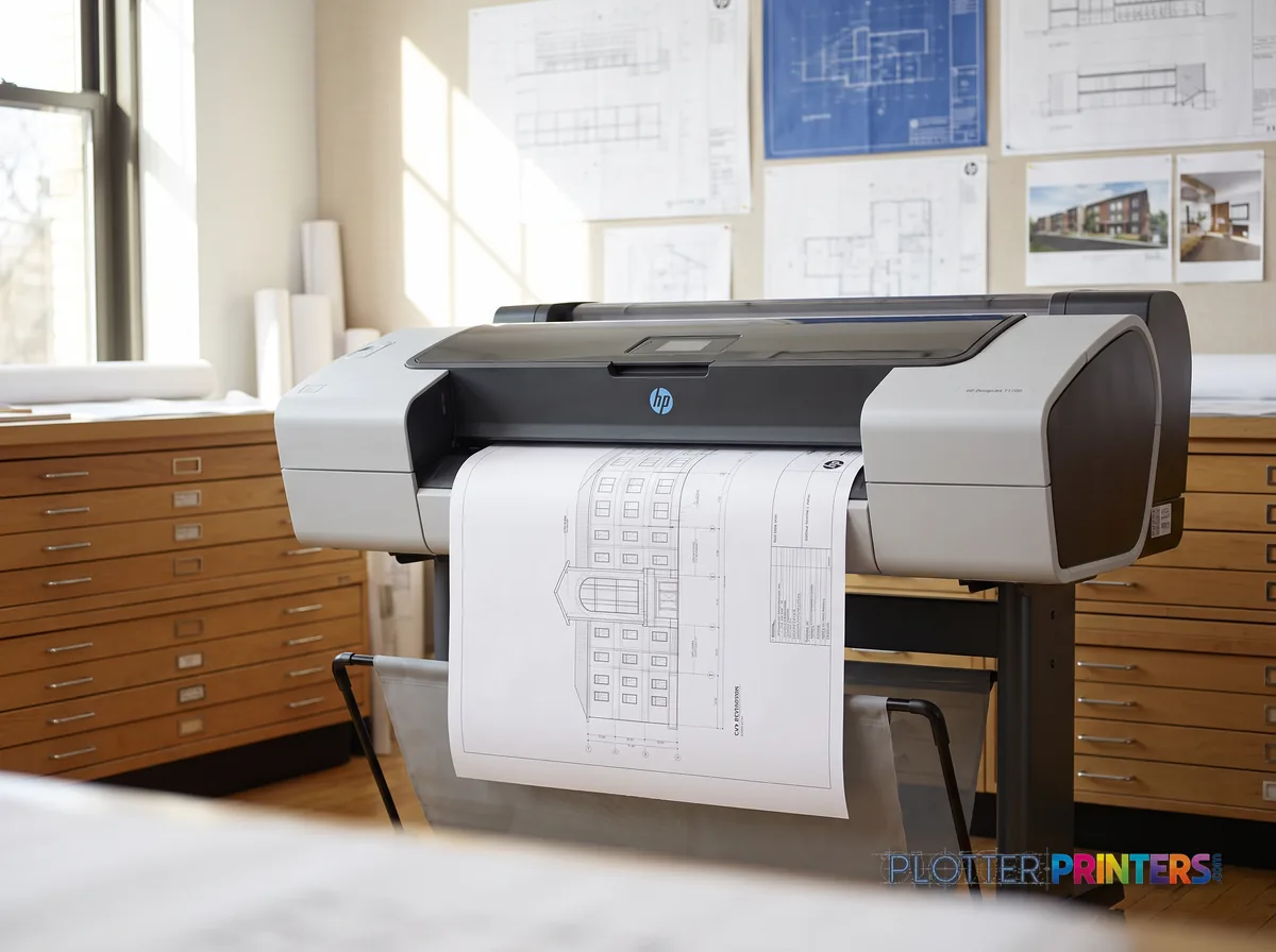 HP DesignJet T1600 36-in PostScript Printer Plus Edition in a plan room beside flat-file drawers, printing a CAD elevation (staged scene from manufacturer product photography)