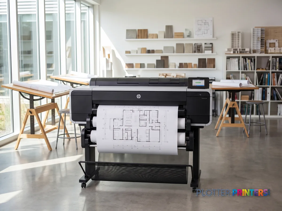 HP DesignJet T1600 36-in PostScript Printer Plus Edition in a bright architecture studio, printing a large floor plan (staged scene from manufacturer product photography)