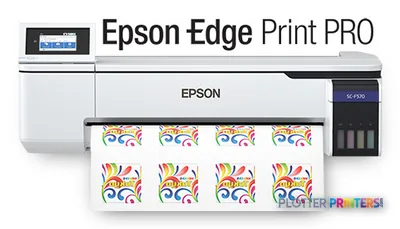 Epson SCF570PE large format printer product image with feature callouts showing white printer and colorful printed samples