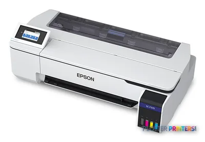 Epson SCF570PE large format printer product image showing white dye-sublimation printer with control panel and ink cartridges