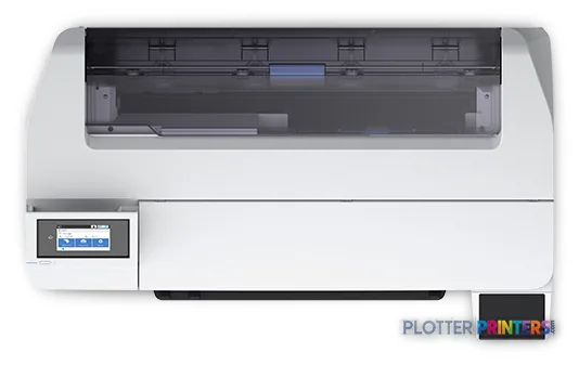 Epson SCF570PE large format printer product image showing white printer with open top feed and control panel