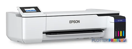 Epson SCF570PE large format printer product image showing white dye-sublimation printer with touchscreen and ink cartridges