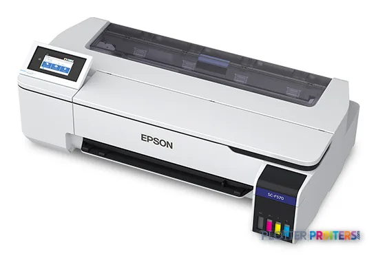 Epson SCF570PE large format printer product image showing white dye-sublimation printer with control panel and ink cartridges
