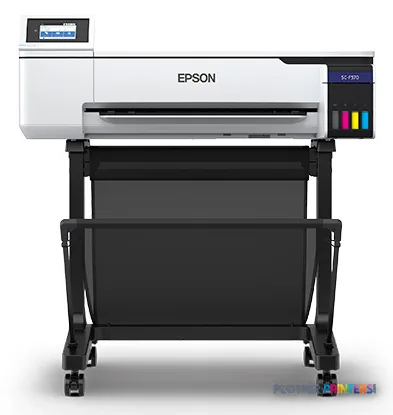 Epson SCF570PE large format printer product image showing white printer unit mounted on black stand with control panel and i…