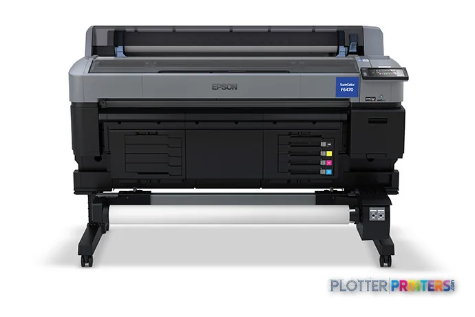 Epson SCF6470PE large-format printer product image showing front view with gray and black chassis and roll feed system