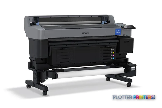 Epson SCF6470PE large-format printer product image showing black and gray dye-sublimation printer with roll feed base