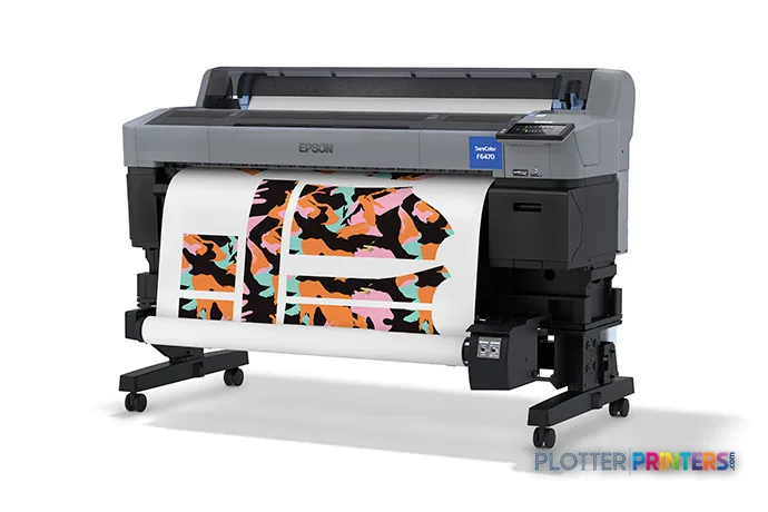 Epson SCF6470PE large-format printer product image showing the device with colorful dye-sublimation print output