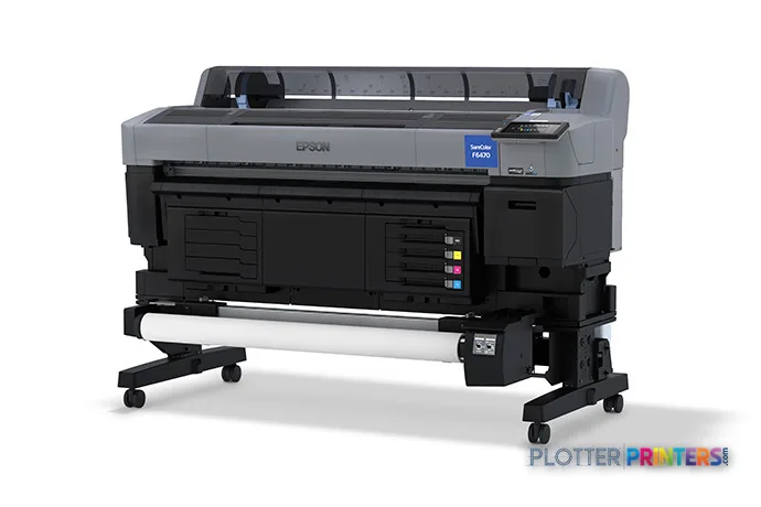 Epson SCF6470PE large-format printer product image showing black and gray dye-sublimation printer on wheeled stand