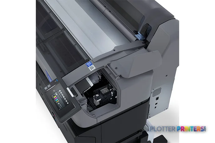 Epson SCF6470PE large-format printer product image showing open top access panel and paper feed mechanism