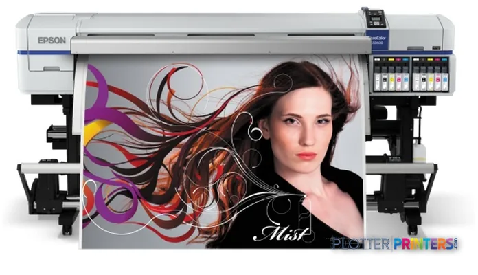 Epson SureColor SC-S50600 (4C) large-format printer displaying a vibrant portrait with colorful hair graphics