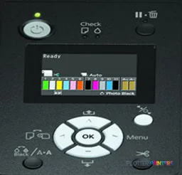 Epson Stylus Pro 4900 SpectroProofer control panel showing ink cartridge status display and navigation buttons