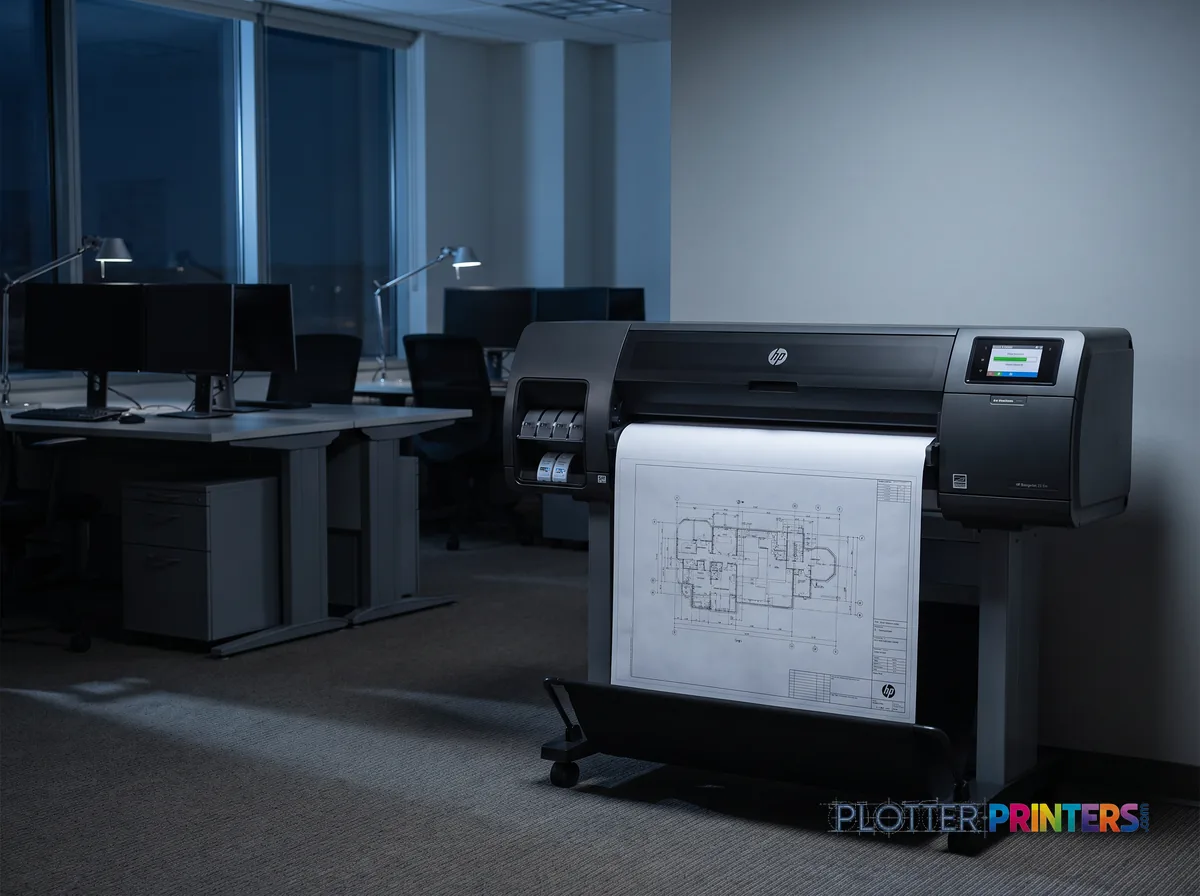 HP DesignJet T1600PS 36-in Plotter in an engineering office with a technical drawing at its print slot (staged scene from manufacturer product photography)
