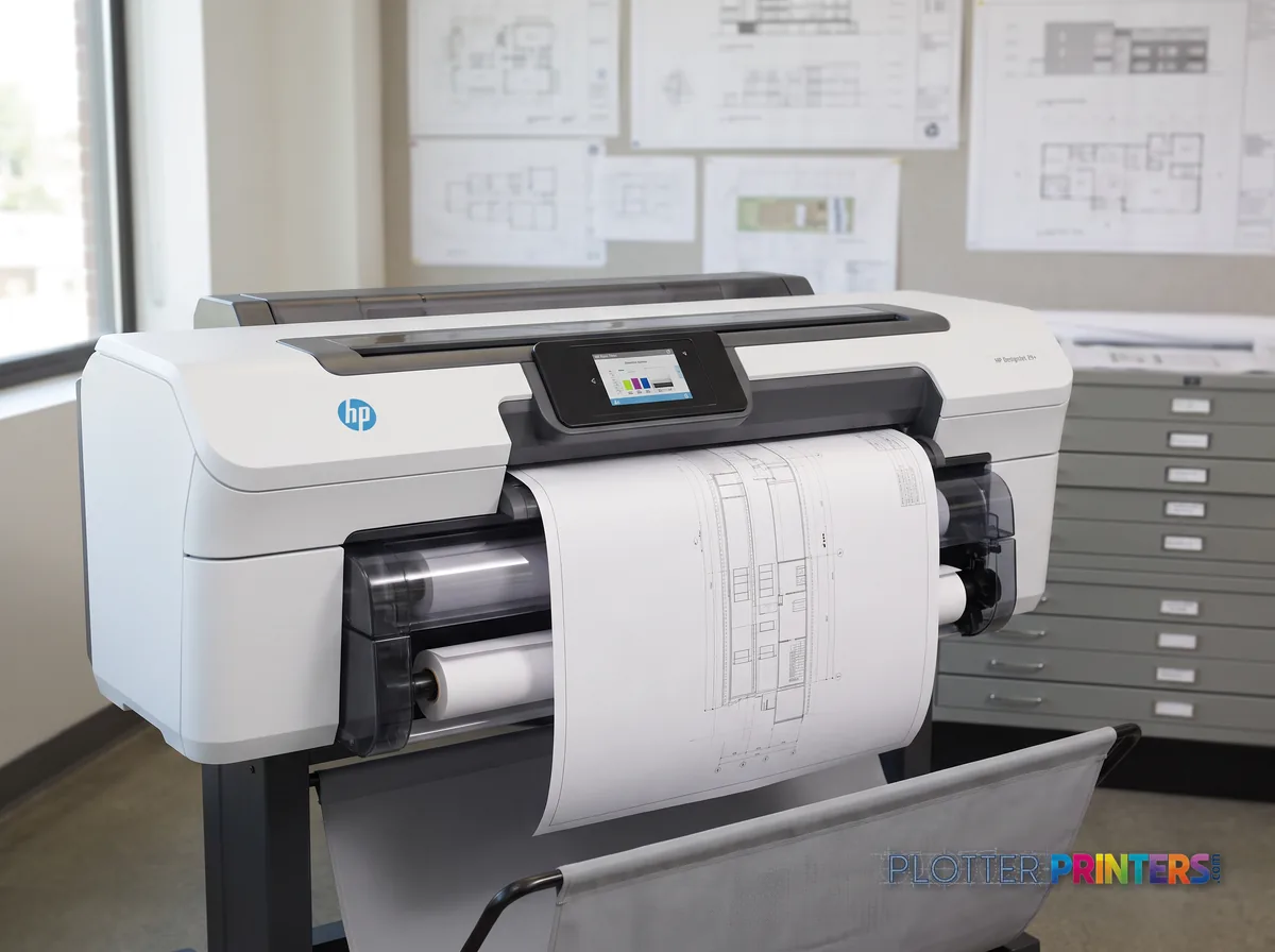 HP DesignJet T1600PS 36-in Plotter in a plan room beside flat-file drawers, printing a CAD elevation (staged scene from manufacturer product photography)