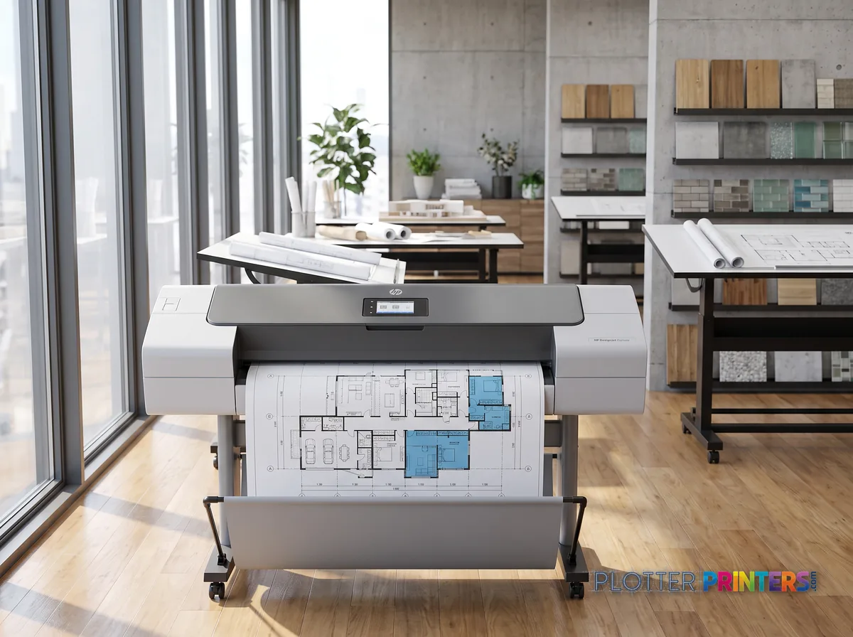 HP DesignJet T1600PS 36-in Plotter in a bright architecture studio, printing a large floor plan (staged scene from manufacturer product photography)