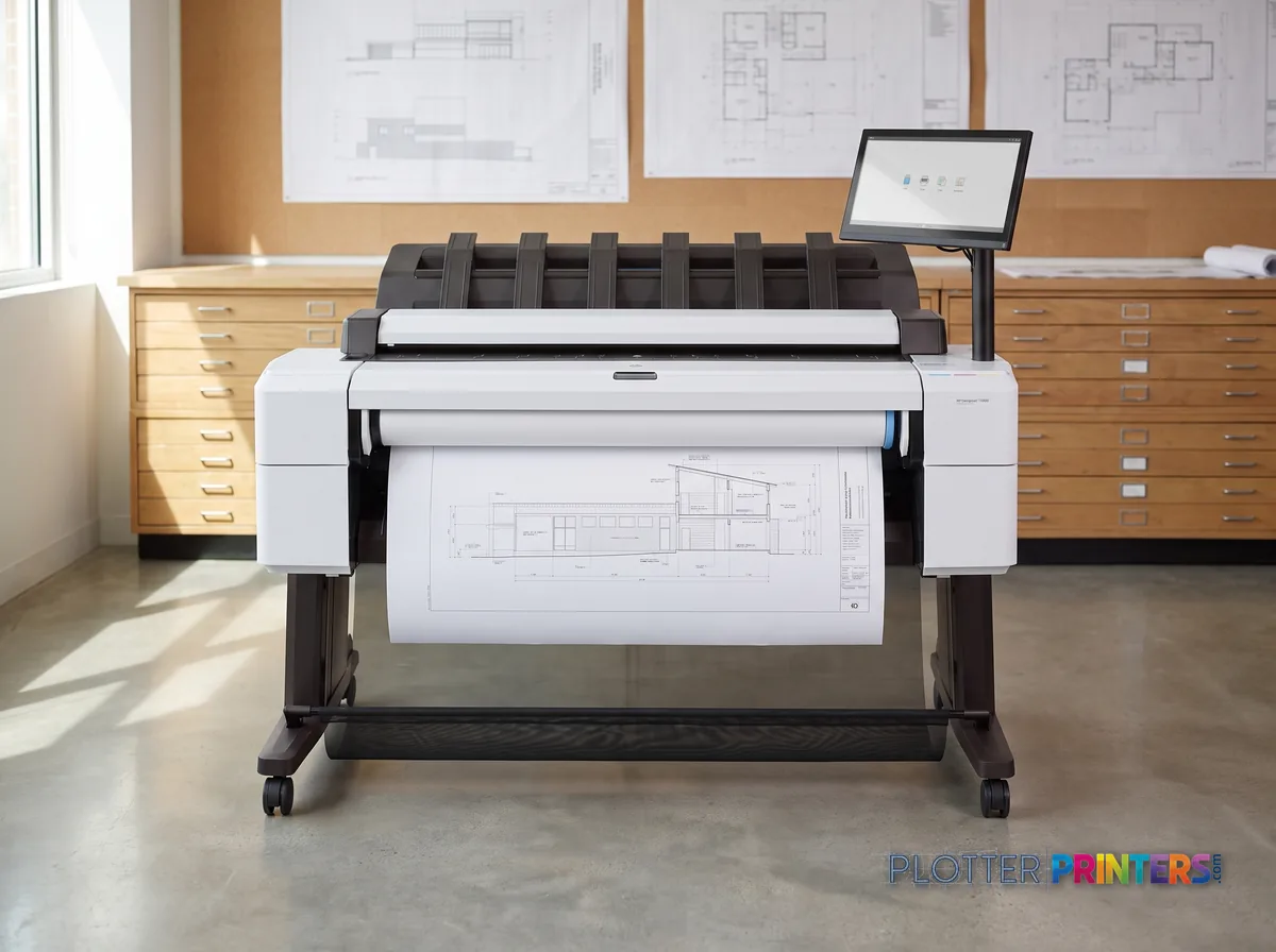 HP DesignJet T2600PS MFP 36-in in a plan room beside flat-file drawers, printing a CAD elevation (staged scene from manufacturer product photography)