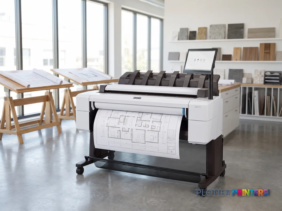 HP DesignJet T2600PS MFP 36-in in a bright architecture studio, printing a large floor plan (staged scene from manufacturer product photography)