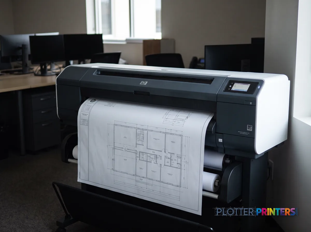 HP DesignJet T1600dr PS Managed Printer (36-in) in an engineering office with a technical drawing at its print slot (staged scene from manufacturer product photography)