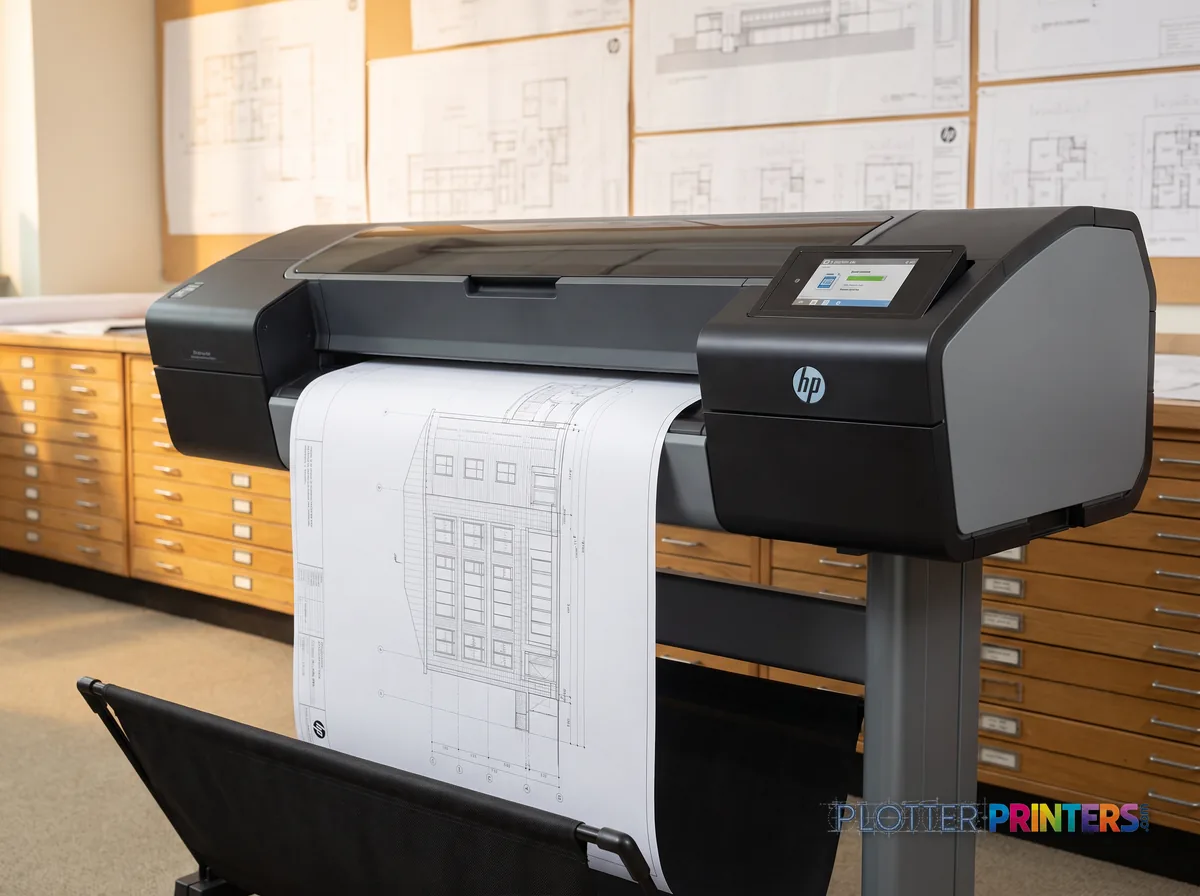 HP DesignJet T1600dr PS Managed Printer (36-in) in a plan room beside flat-file drawers, printing a CAD elevation (staged scene from manufacturer product photography)