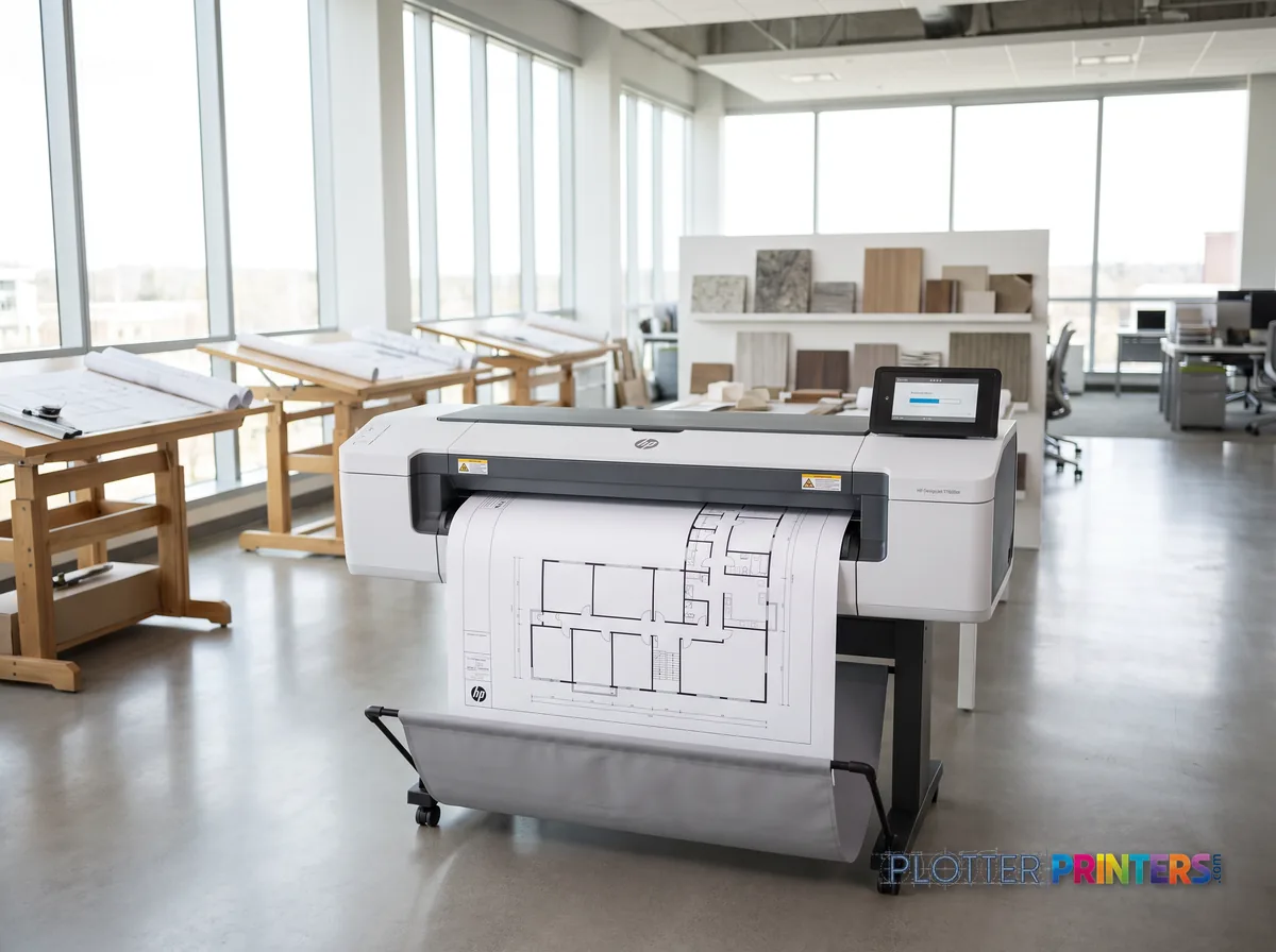 HP DesignJet T1600dr PS Managed Printer (36-in) in a bright architecture studio, printing a large floor plan (staged scene from manufacturer product photography)