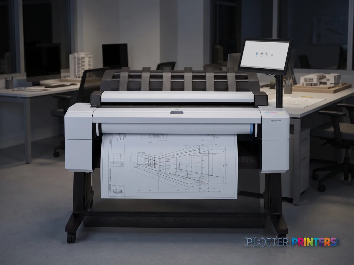 HP DesignJet T2600 PS Managed MFP (36-in) in an engineering office with a technical drawing at its print slot (staged scene from manufacturer product photography)