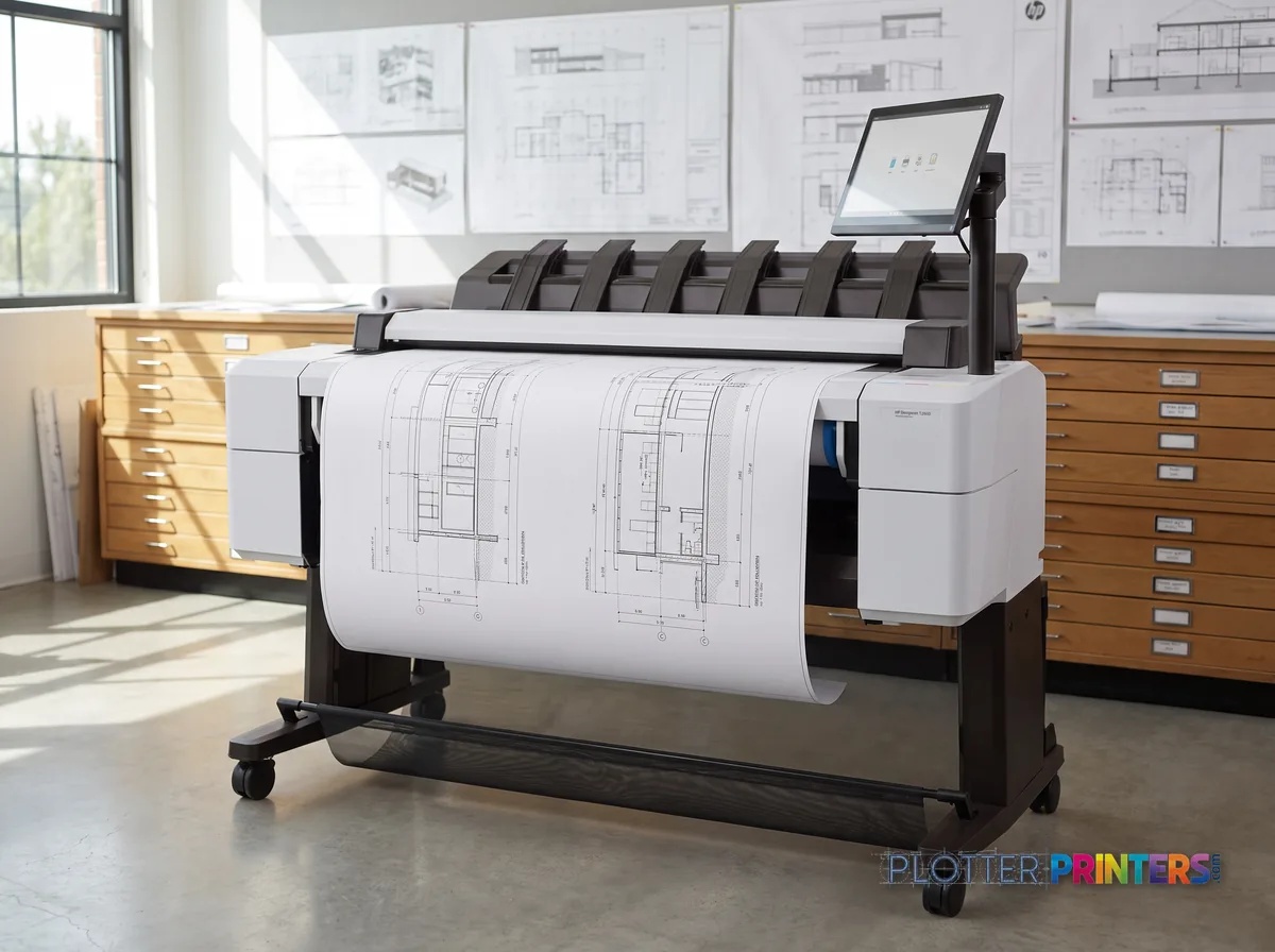 HP DesignJet T2600 PS Managed MFP (36-in) in a plan room beside flat-file drawers, printing a CAD elevation (staged scene from manufacturer product photography)